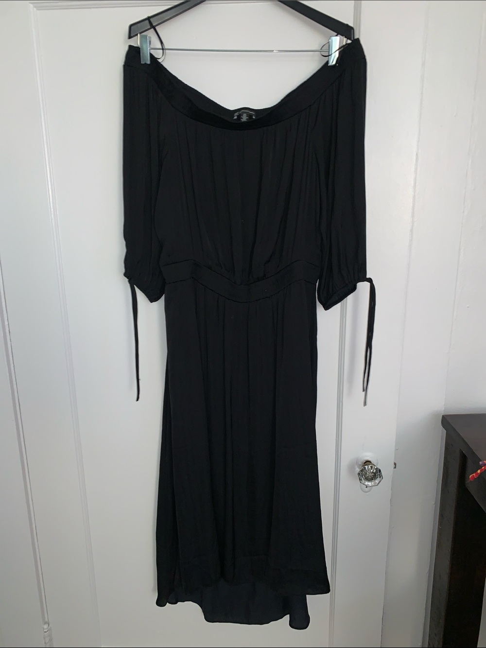 INC International Concepts Black Off-Shoulder Midi Dress with Tie Sleeves